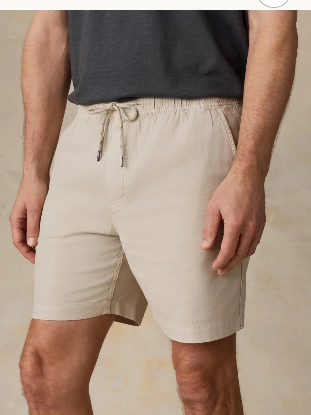 Faherty Essential Drawstring Cotton/Linen Blend Shorts Button Accent in Stone